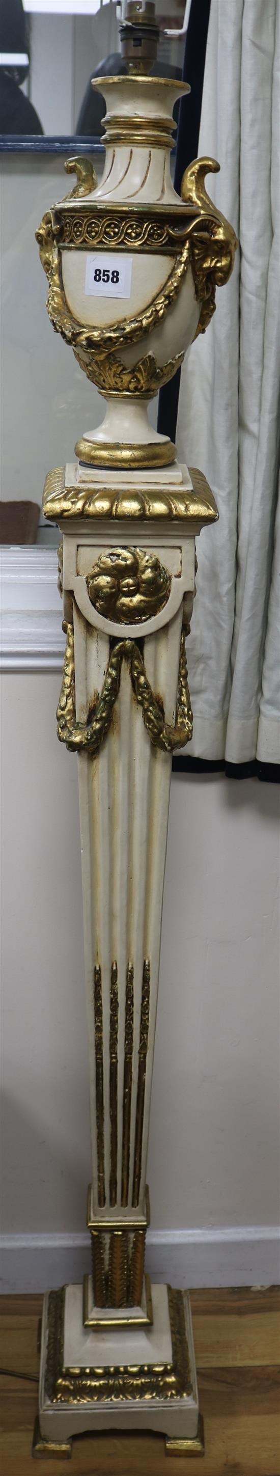 An Italian late 18th century style ivory painted and parcel gilt square tapering pedestal, H.175cm